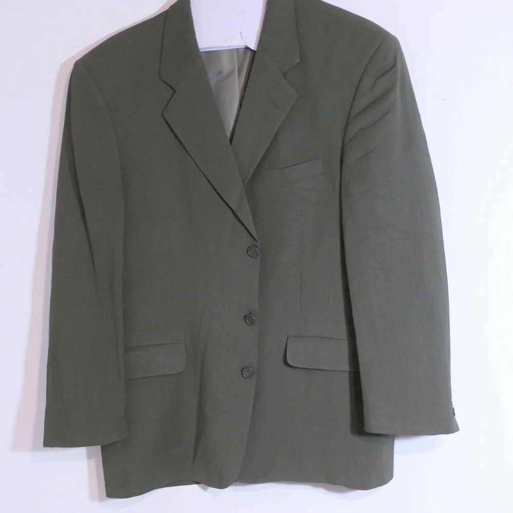 Oleg Cassini Mens Suit 43R Olive Green Wool Pleated Pants Dark Academia Earthy